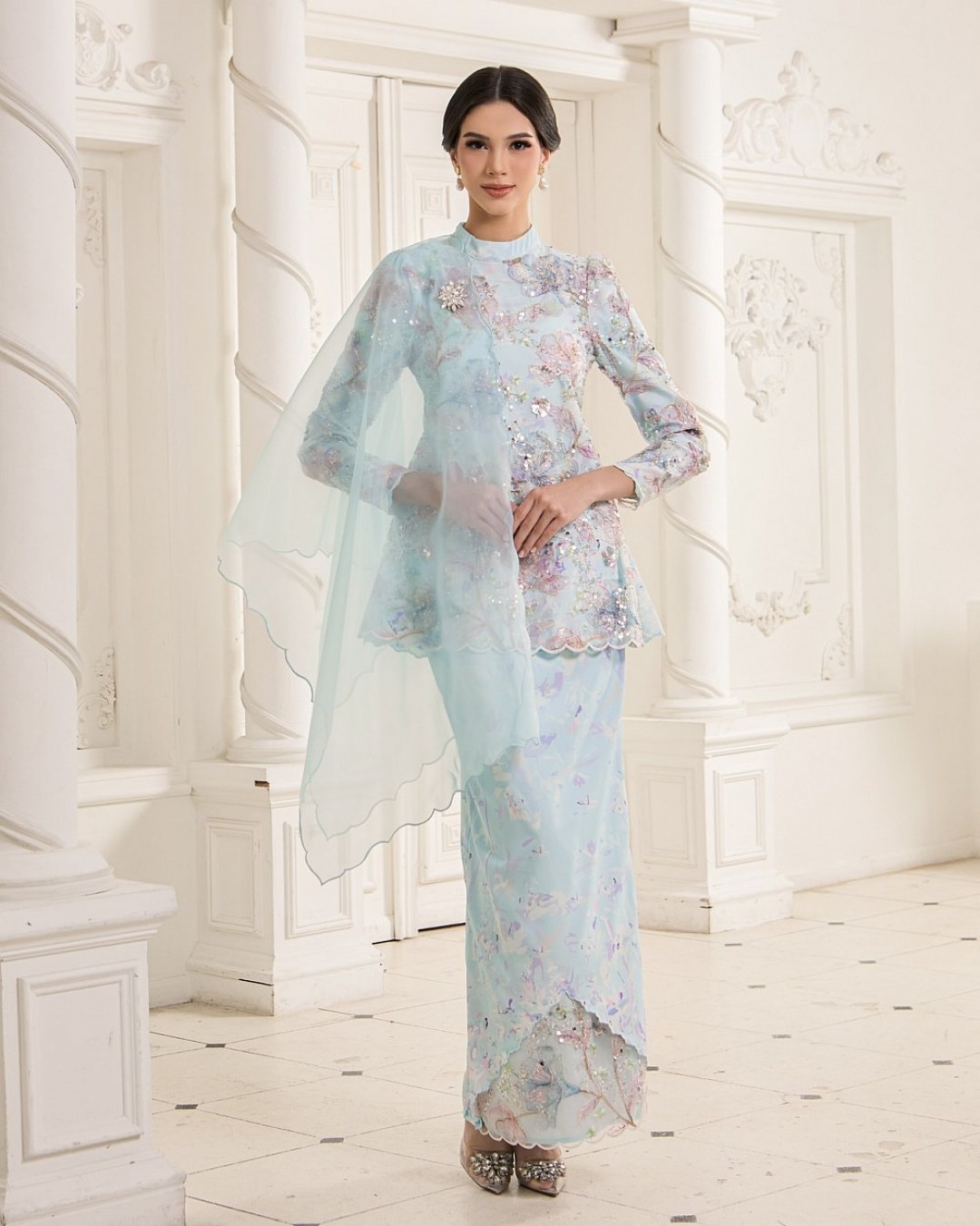 Jemels | Modern Kurung | Baju Kurung | Baju Melayu | THEME COLORS BABY BLUE  JEMEL'S SIGNATURE ORGANZA SHAWL - BABY BLUE